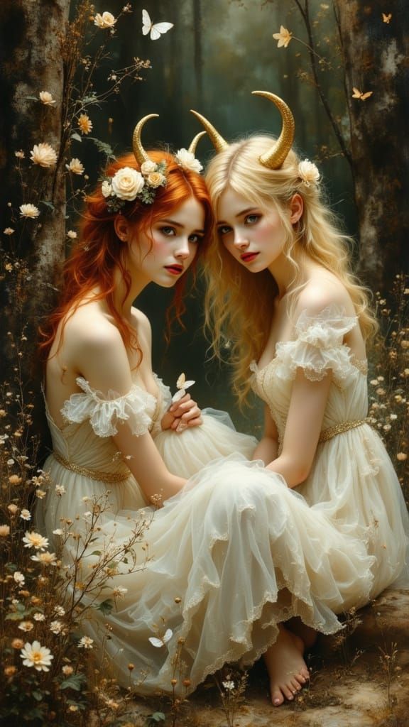 Ethereal Girls in Forest: Rococo Style Oil Painting