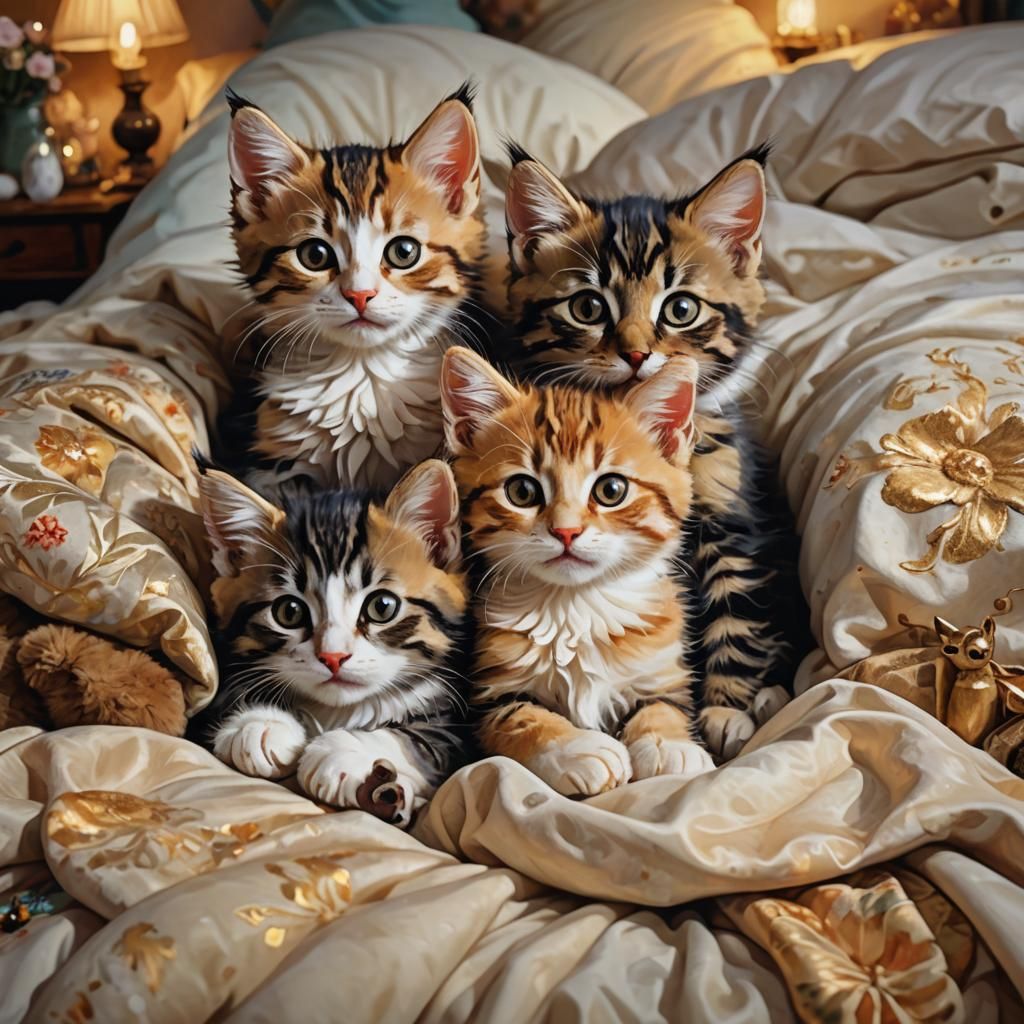 Cute Kittens Cuddle in Whimsical Digital Painting