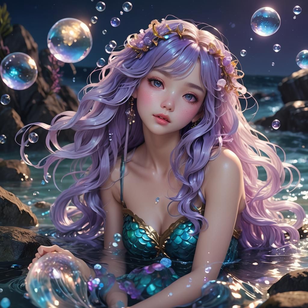 Baroque Anime Mermaid in Moonlight, 3D Art