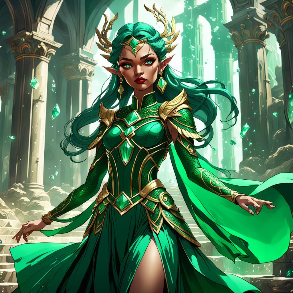 Young Goddess in Emerald Clothes: Fantasy Concept Art