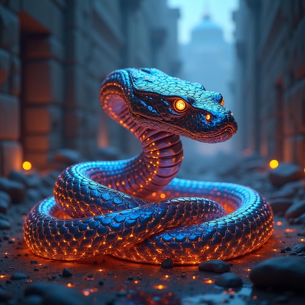 Iridescent Cyber Snake in Neon Ruins: 8K Detail
