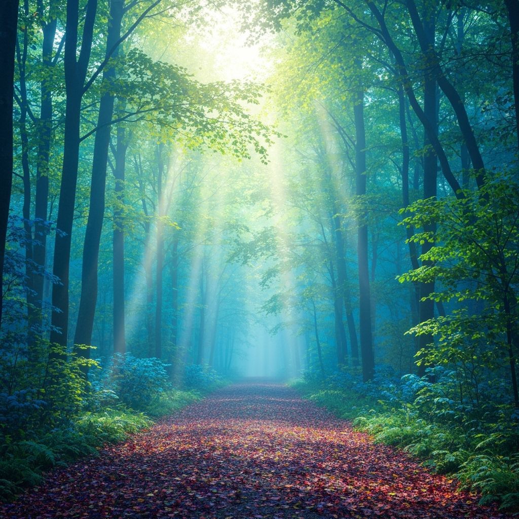 Mystical Forest Path at Sunset in Volumetric Light