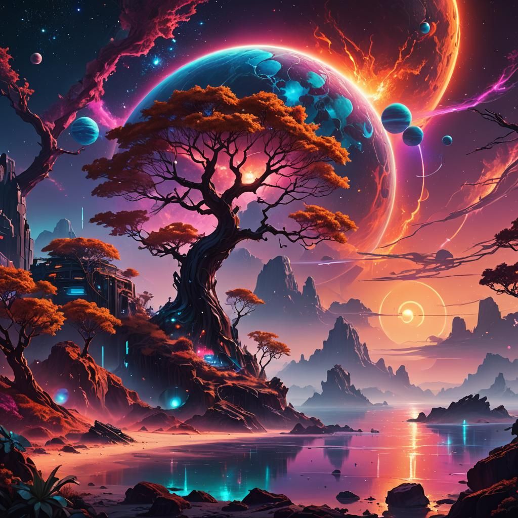 Fantasy Planet with Cyberpunk Structures and Fiery Tree