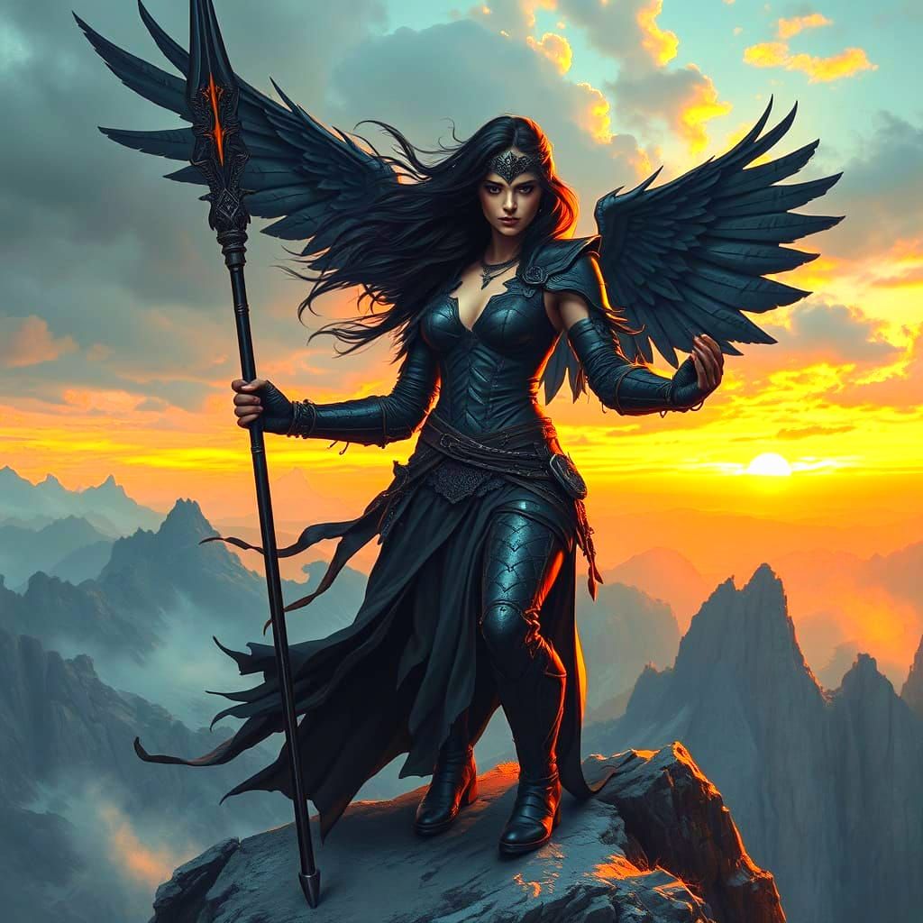 Goth Valkyrie on Windswept Cliff in Dark Fantasy Style