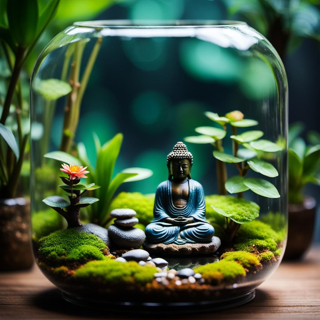 Terrarium Ecosystem, with a miniature Buddha statue