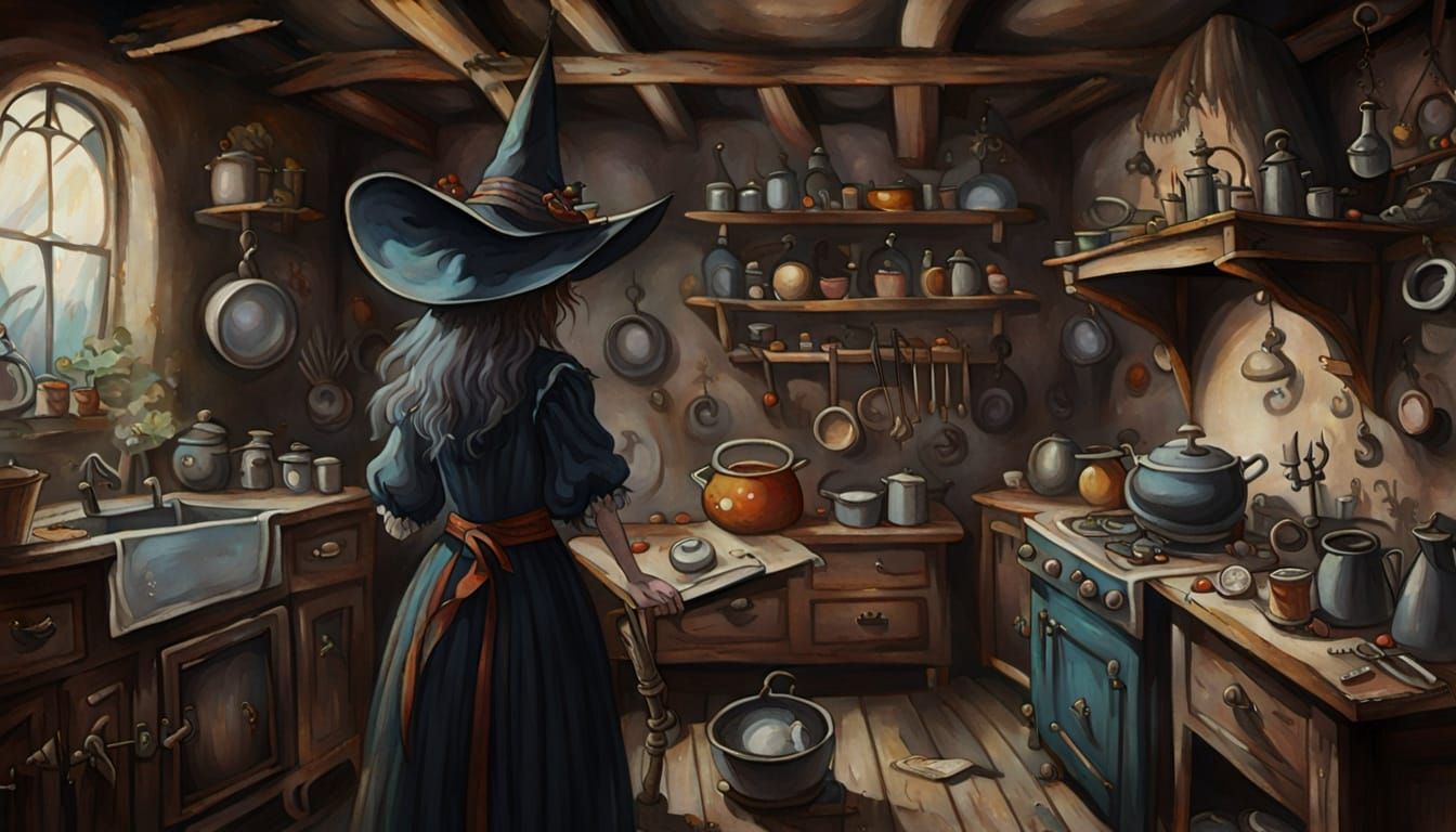 Witch Charms Dishes in Old Kitchen Oil Painting