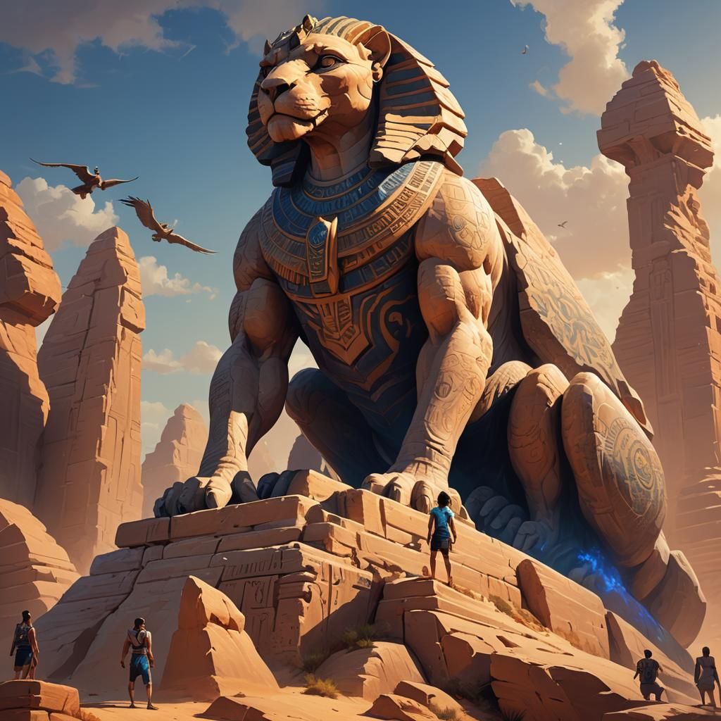 Triumphant Jumper on Colossal Sphinx: Fantasy Art