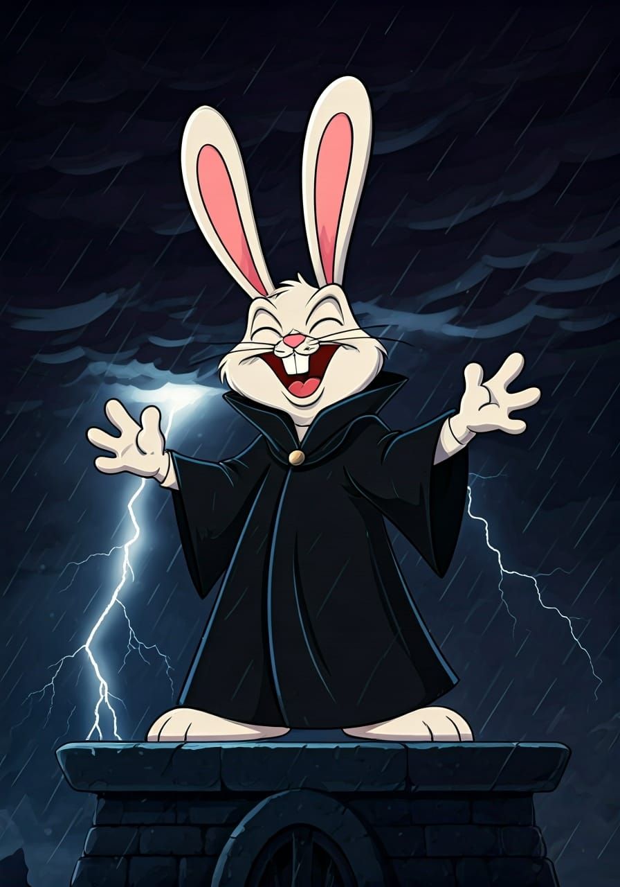Cartoon Bunny Overlord Laughs on Dark Fortress Battlement