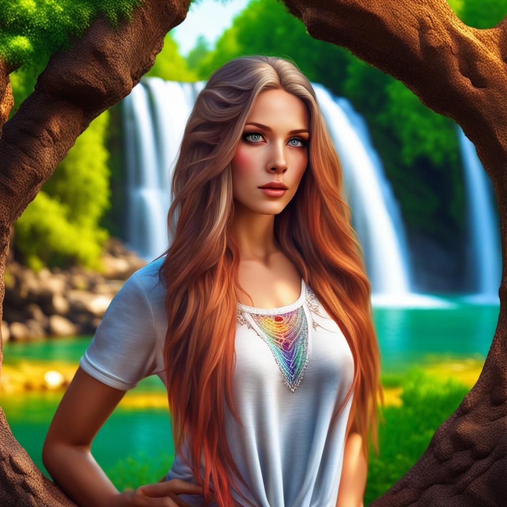 Beautiful Woman with Rainbow Hair by Tree of Life