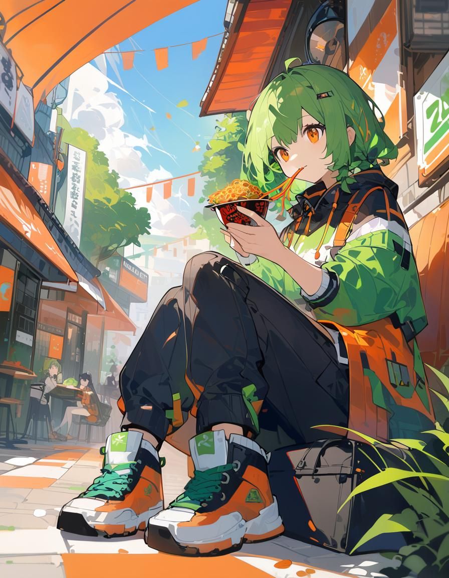 Retrofuturistic Girl Enjoys Noodles in Vibrant City