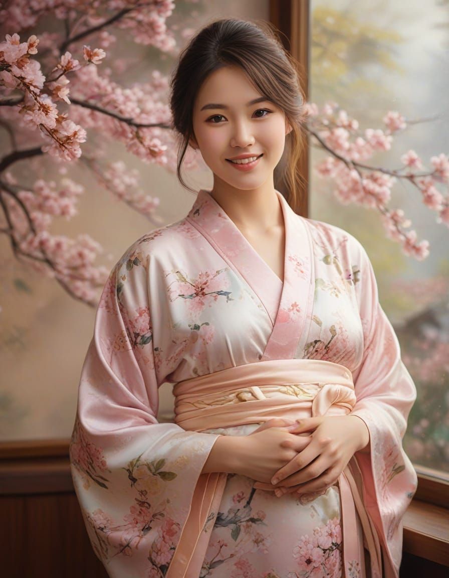 Serene Motherhood: Japanese Woman in Sakura Kimono