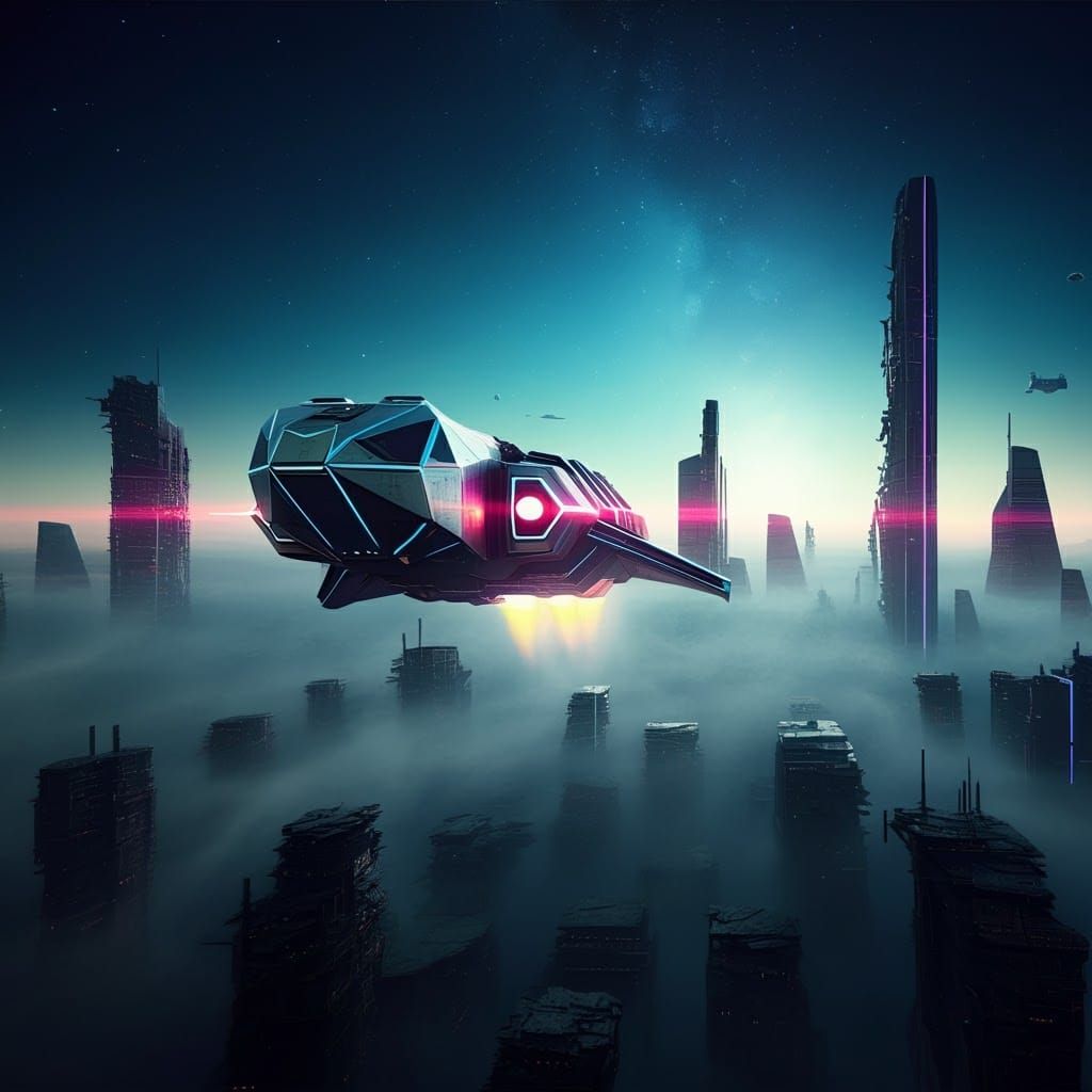 Cyberpunk Spaceship Ascends into Starry Sky