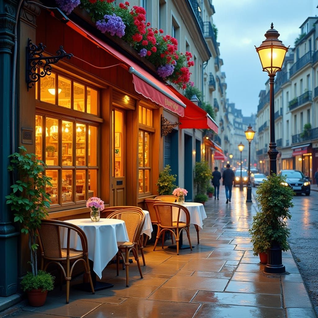 Charming Parisian Cafe at Dusk: Impressionist Style