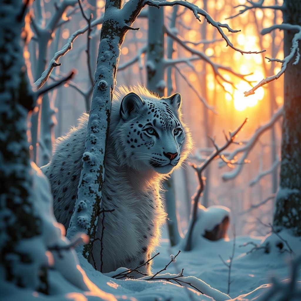 Snowy Wolf-Cheetah Hybrid in Winter Forest