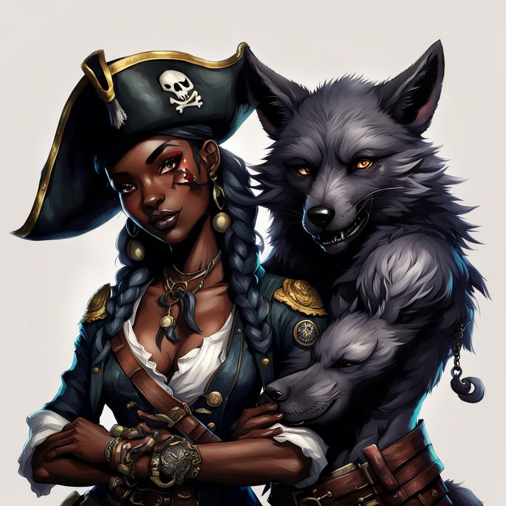 Ebony Fox Girl Cuddled by Werewolf Pirate