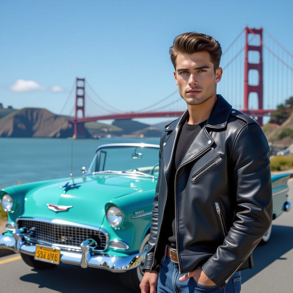 1950s Man and Car with Golden Gate Bridge