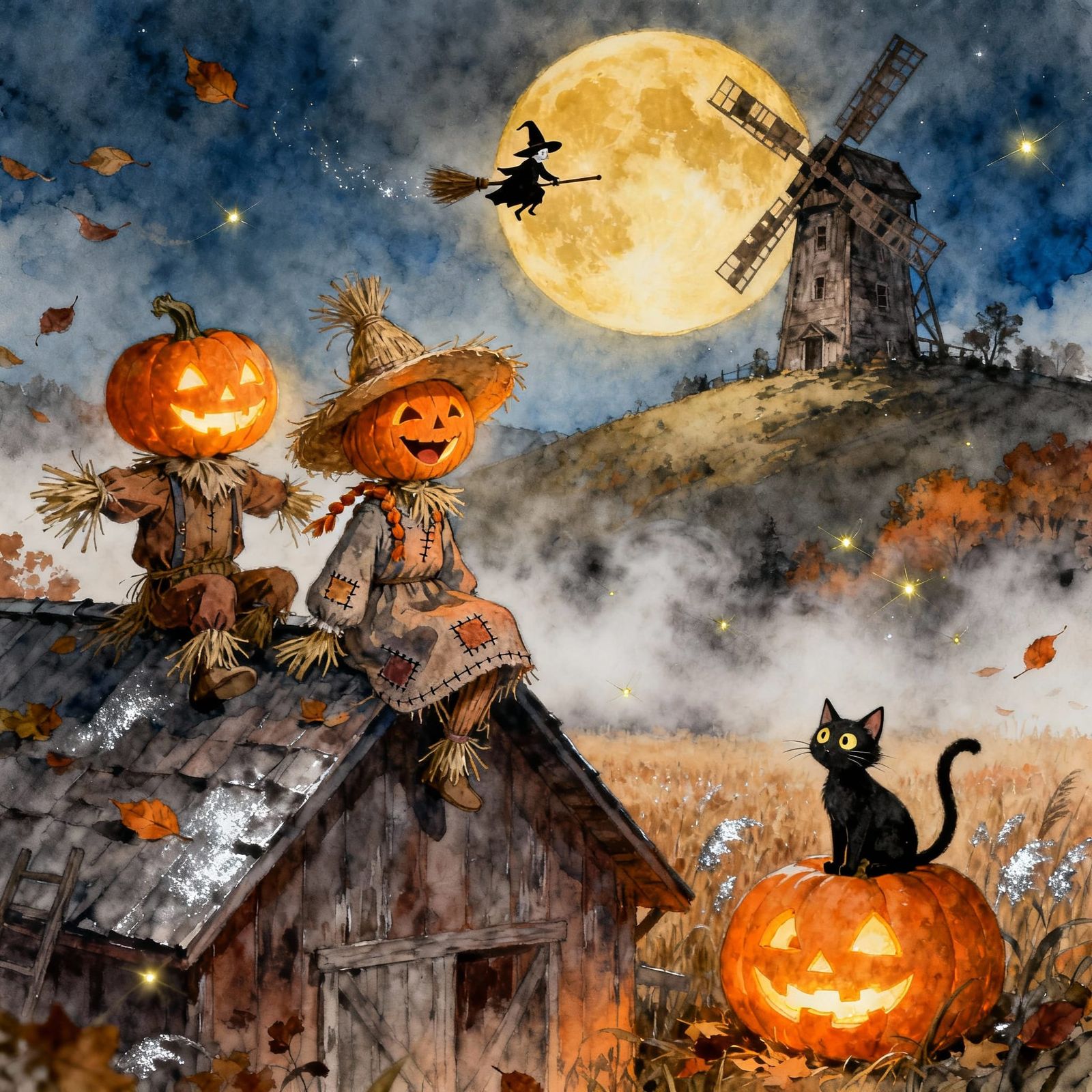 Fairytale Halloween Night with Scarecrows and Witch