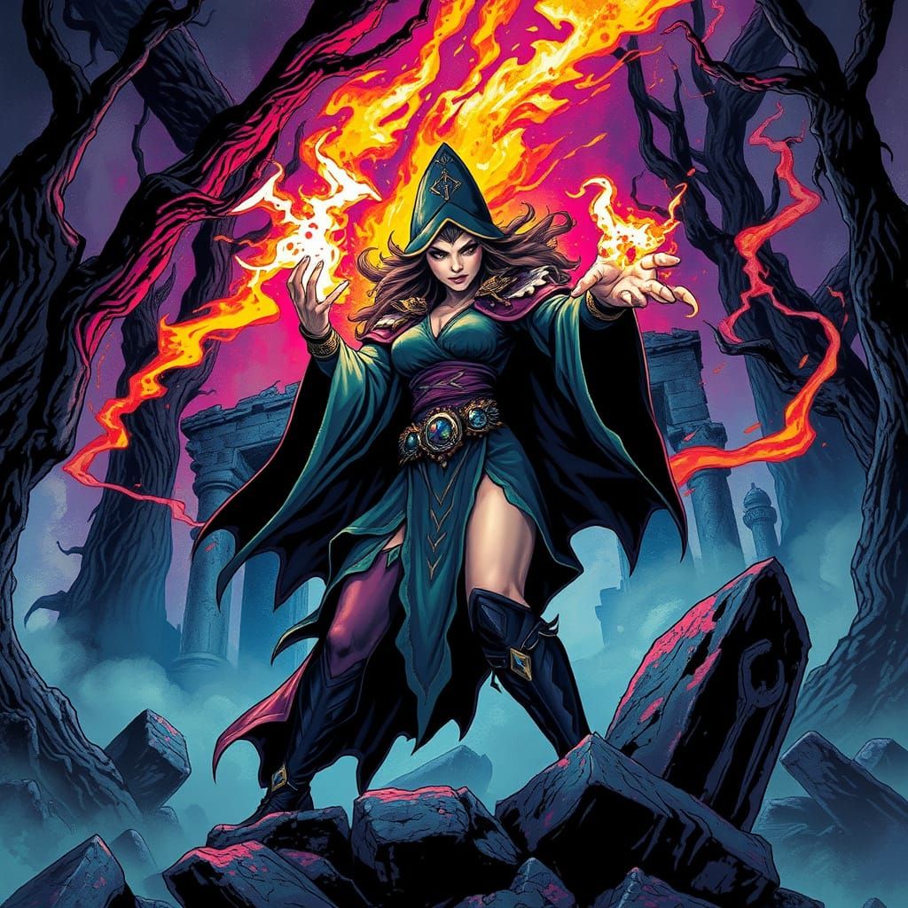 Powerful Sorceress Conjuring Magic in Ancient Forest Ruins