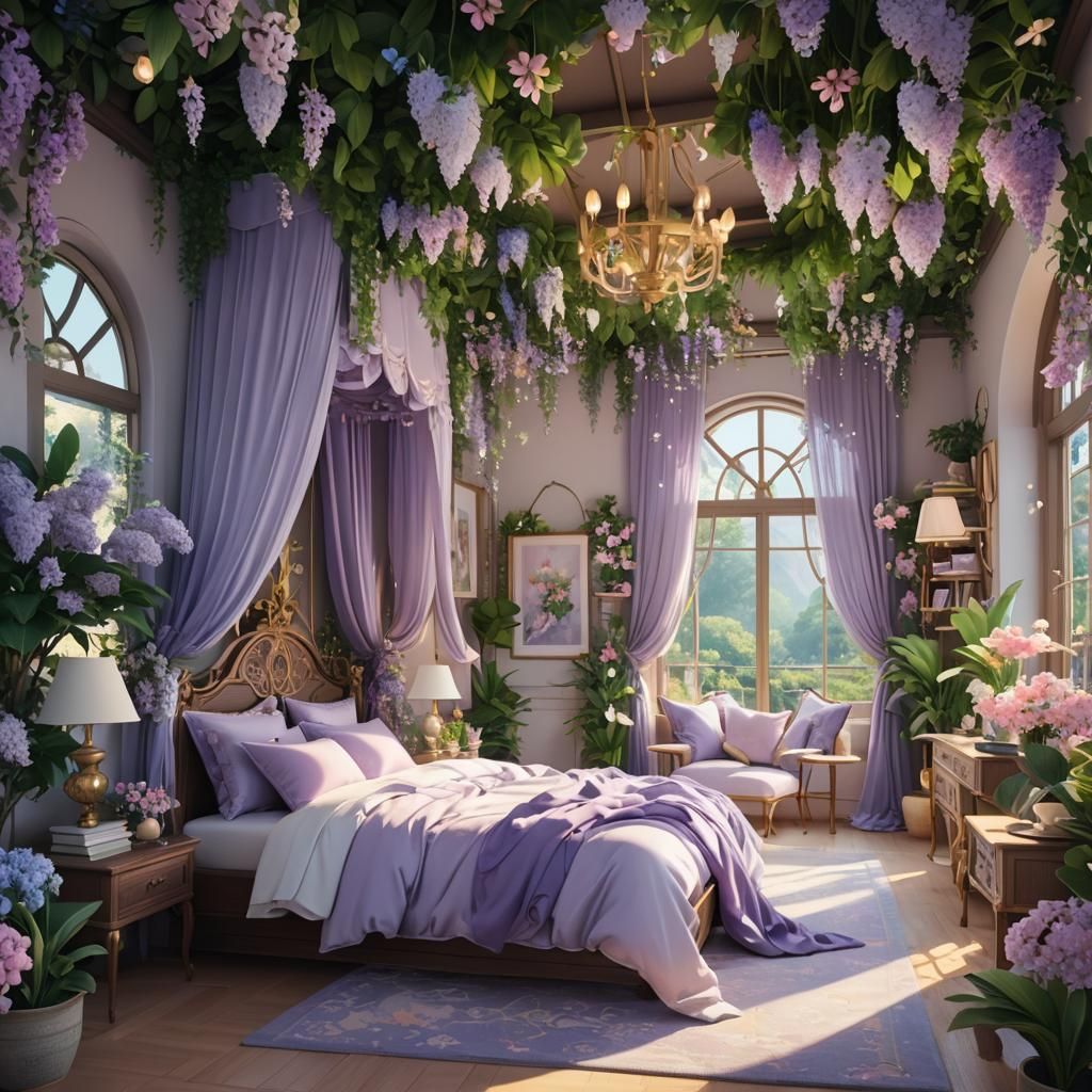 Dreamy Bedroom Inspired by Anime Art, Lush and Vibrant