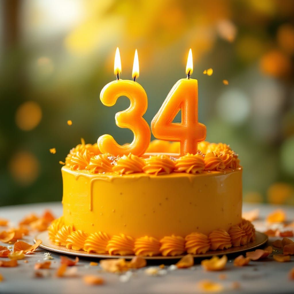 Sunny Yellow Cake with 34 Candles & Bokeh Lights