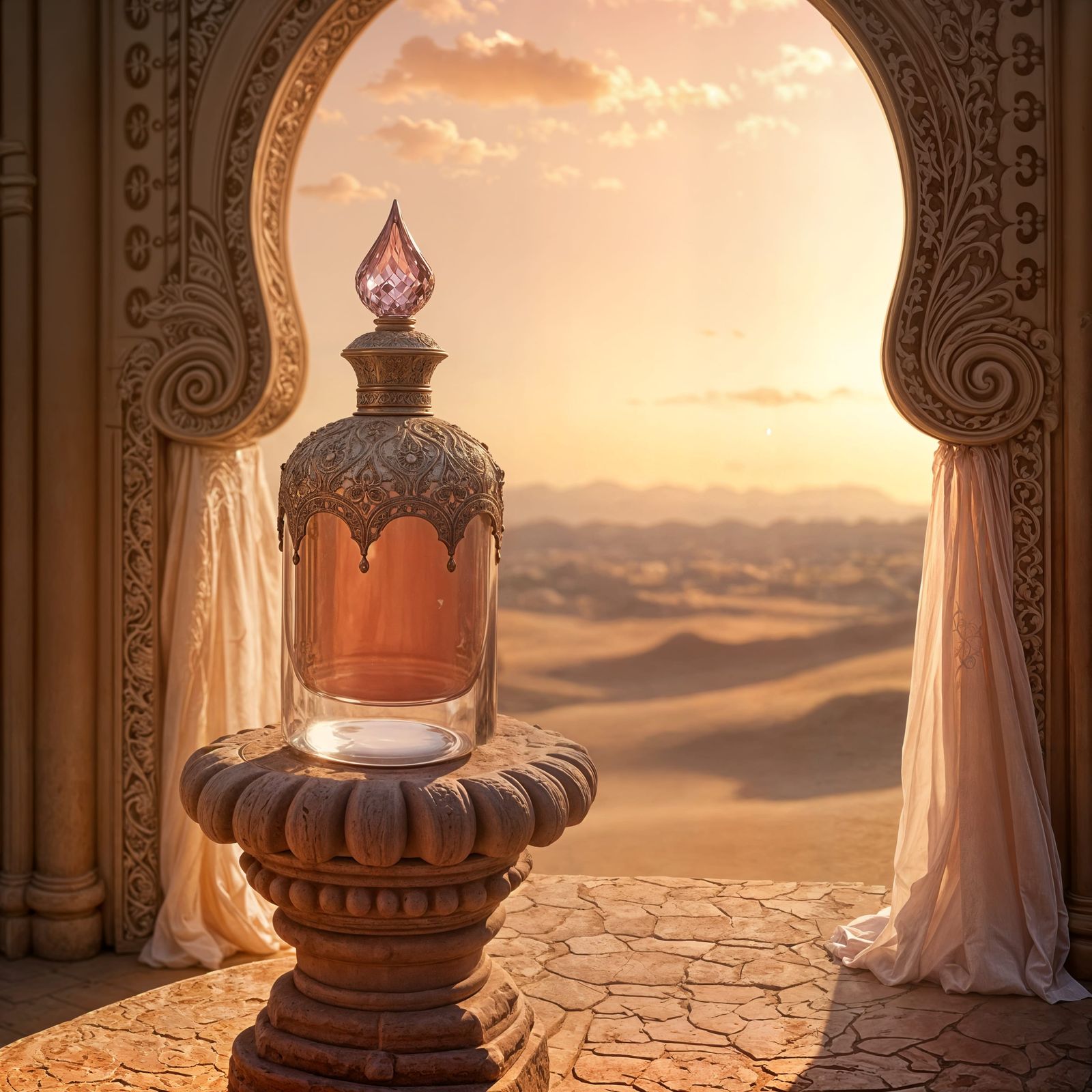 A desert at rosy dusty mauve sunset, hazy light filtering th...