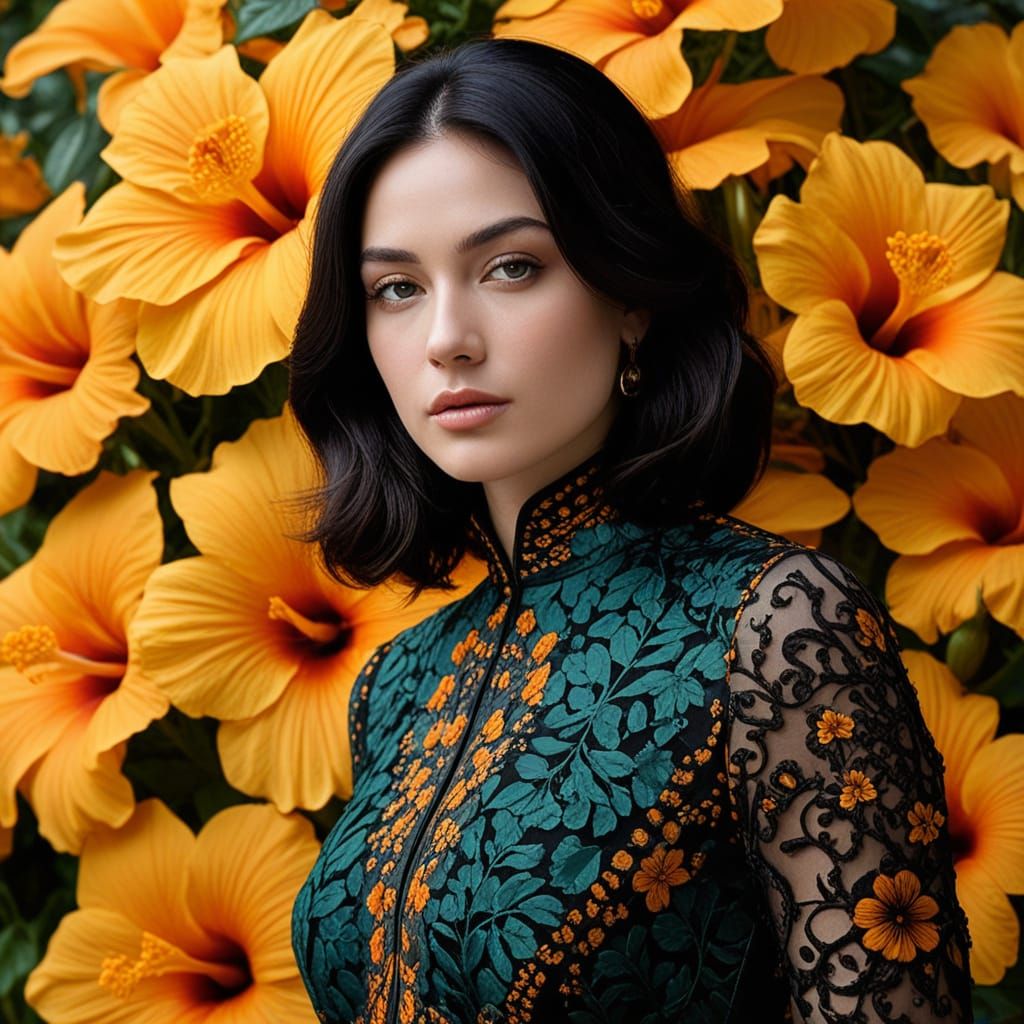 Surreal Saffron Hibiscus in Mystical Temple Garden