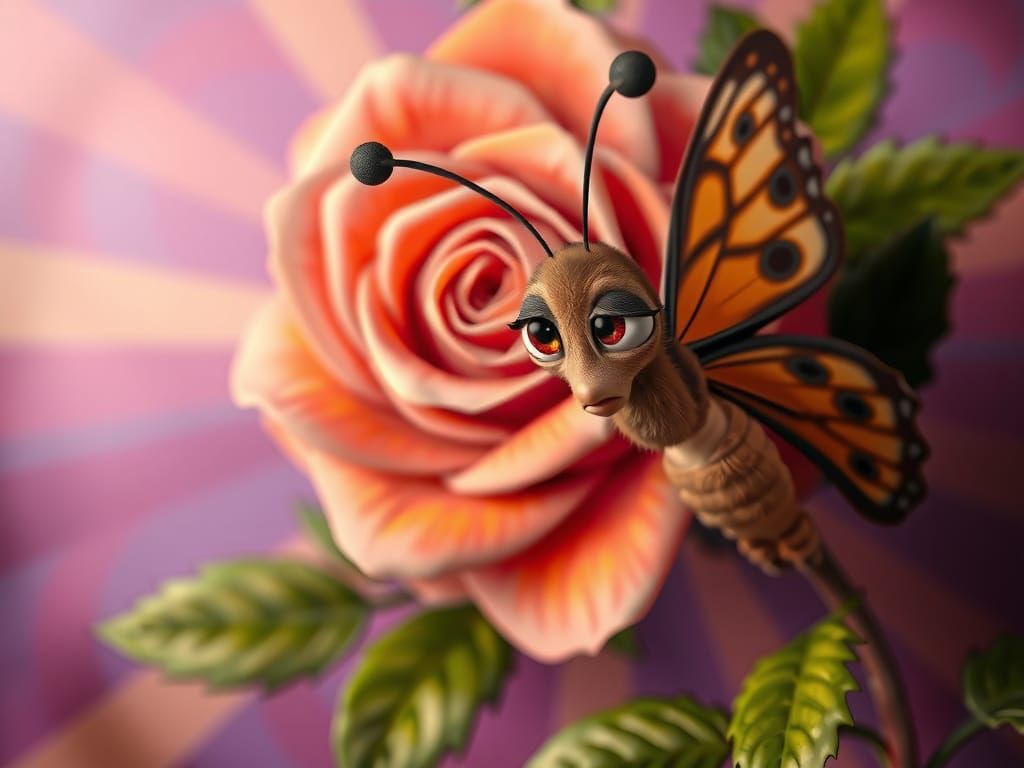 Confused Butterfly Inspects Rose Painting in Pixar Style