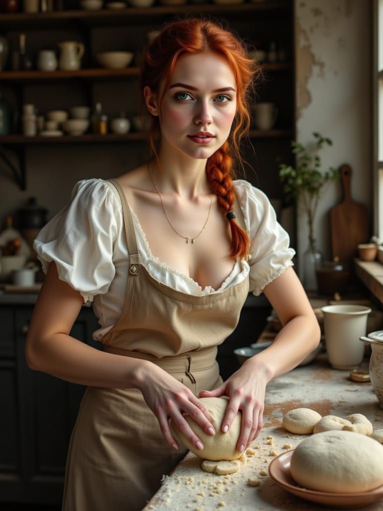 1500s Redhead Baker Kneading Dough in Bustling Kitchen
