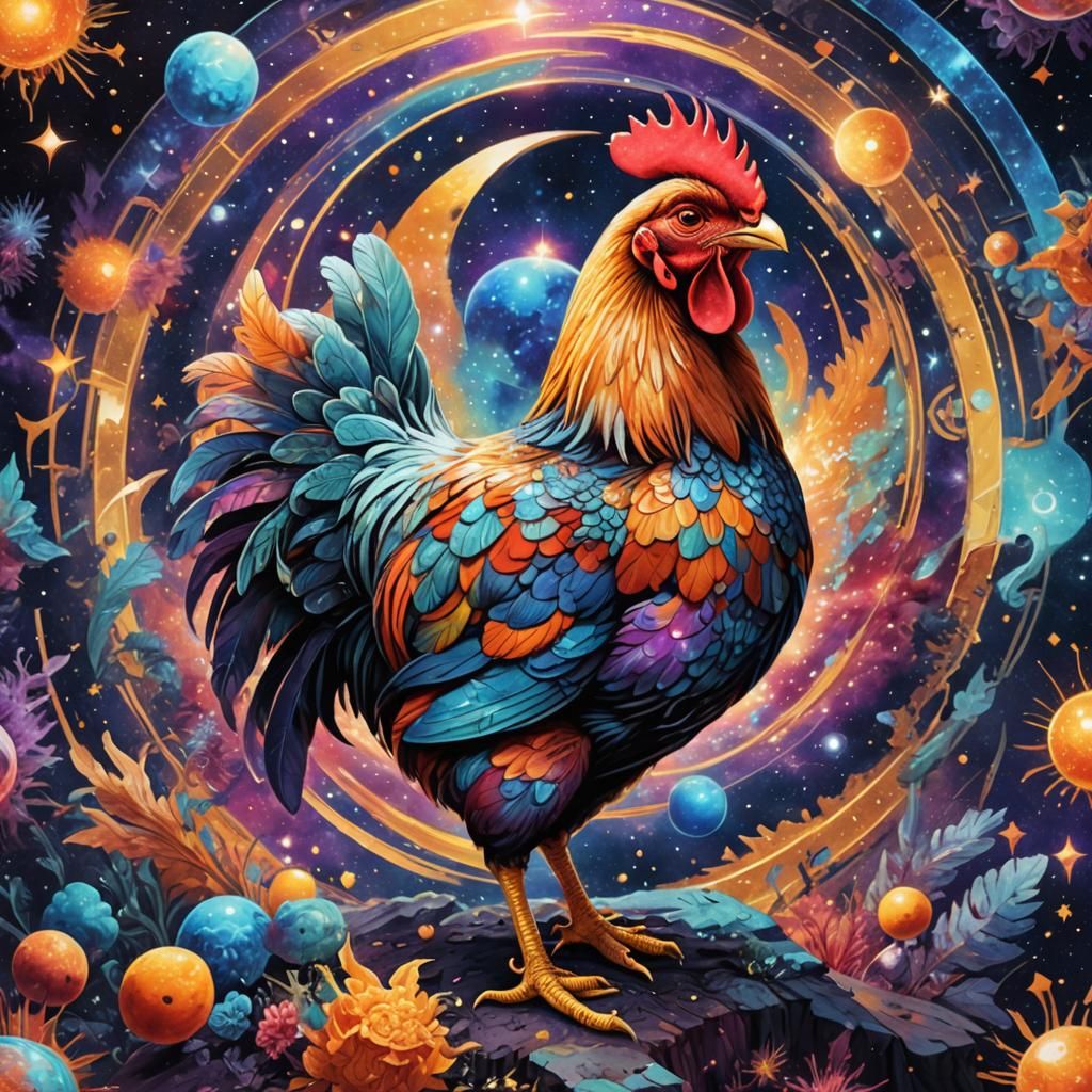 Cosmic Chicken: Holographic Astral Illustration