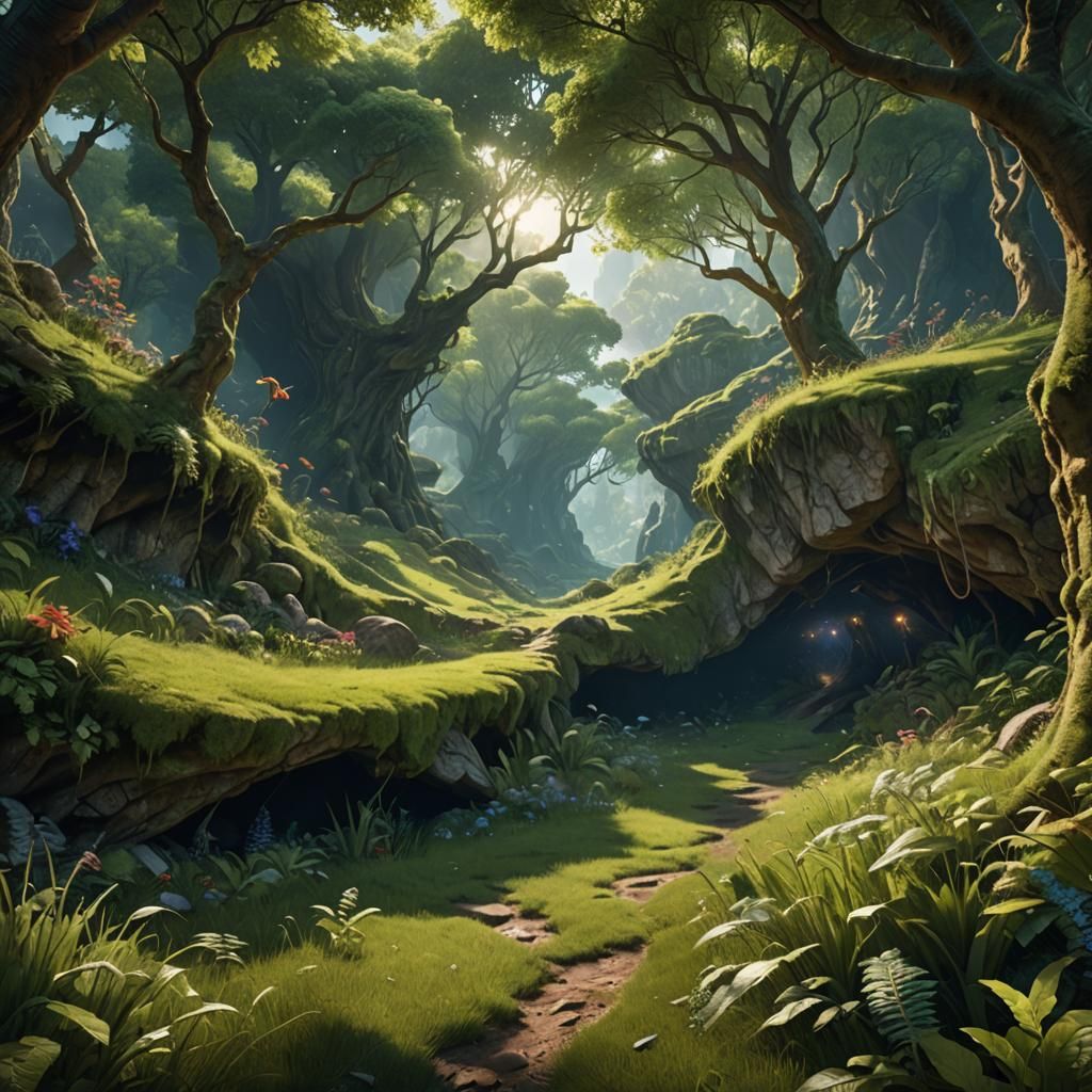 Lush Grassy Clearing with Cave, Detailed Matte Painting