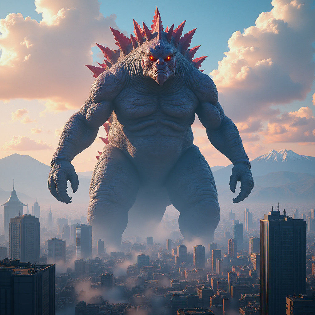 Gigantic Godzilla Rampage Through Metropolis as Matte Painti...