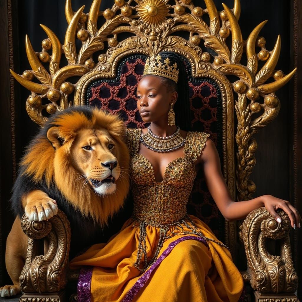 African Queen in Regal Splendor, Adorned with Gold and Gems