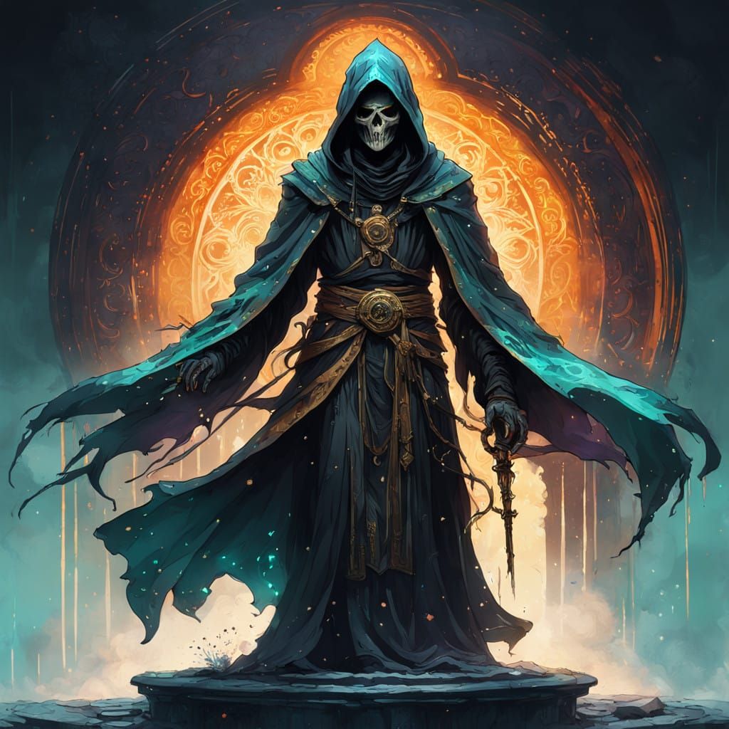 Mysterious Reaper Figure in Ancient Atmosphere