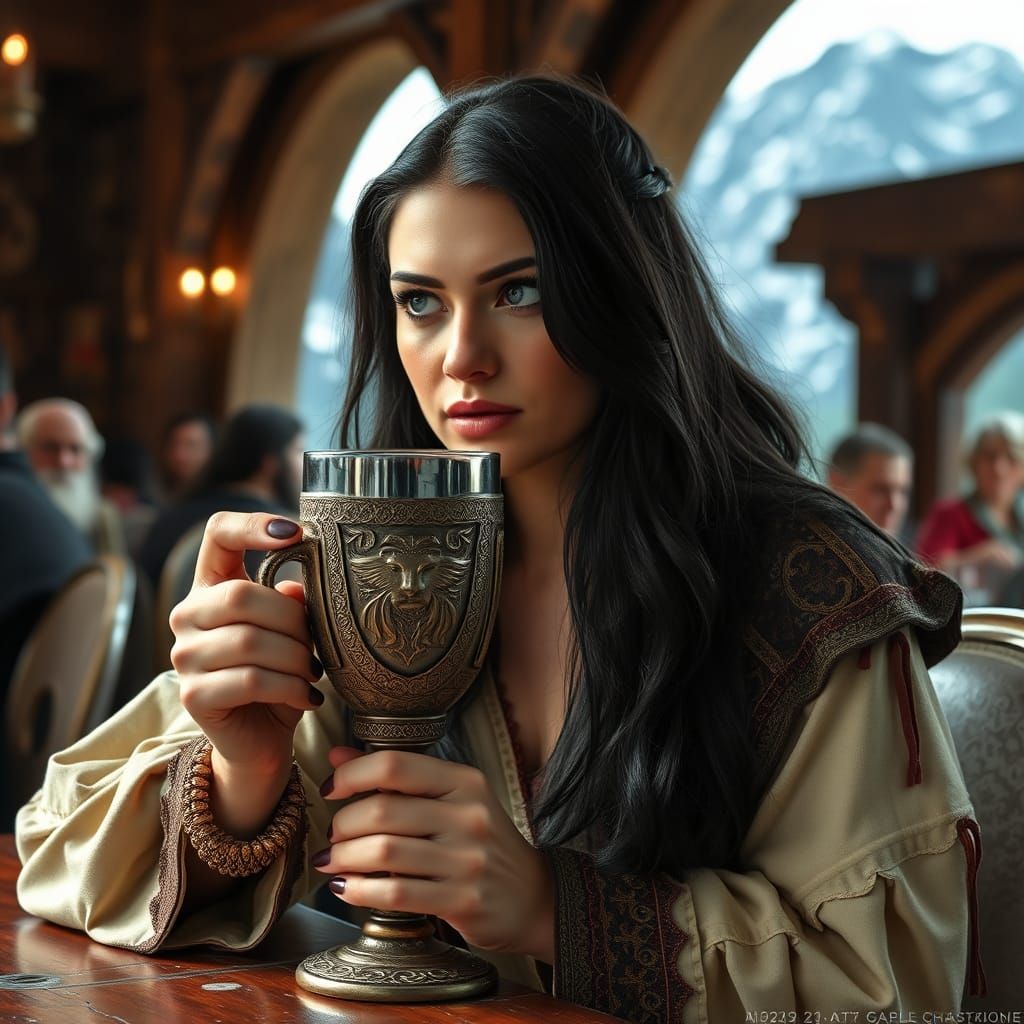 Viking Supermodel Sits in Medieval Tavern