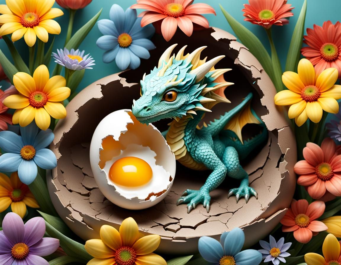 Colorful Dragon Hatchling in Floral Egg