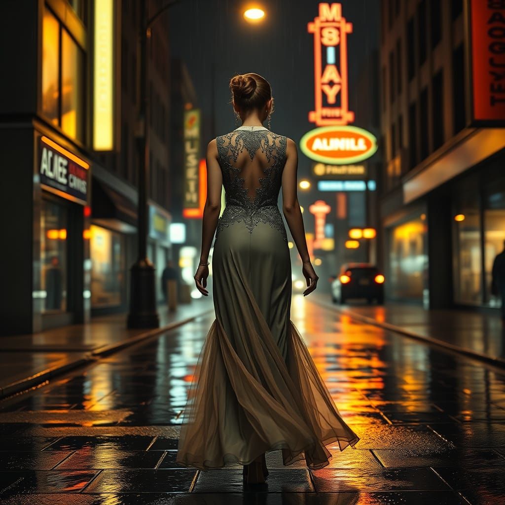 Sophisticated Woman in 1930s-Inspired Evening Gown Under Neo...