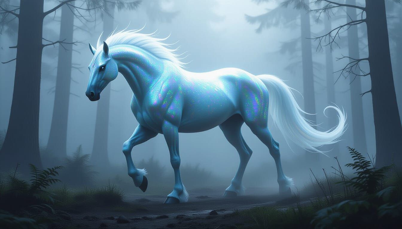 Ghostly Equine Predator in Foggy Forest