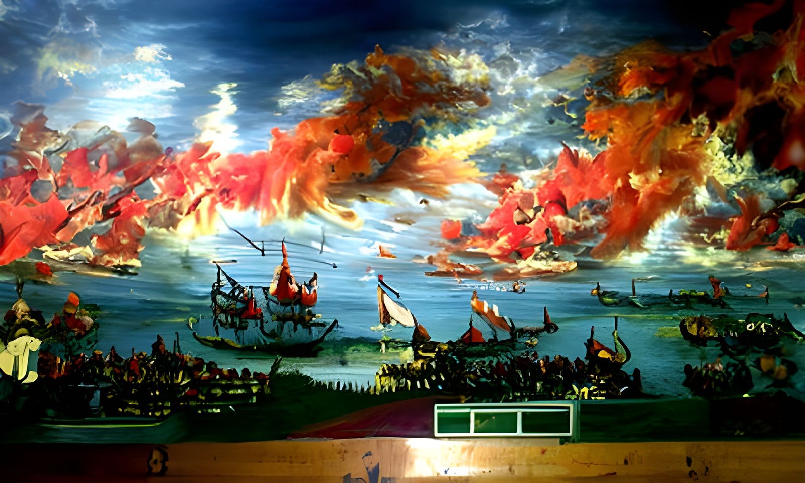 Naval Battle in Batavia: Renaissance Painting with Fiery Sky