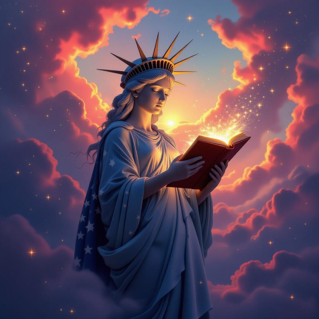 Lady Liberty in Nebula with Glowing Book
