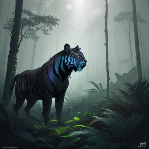 Eerie Black Tiger Hunting in a Dark Fantasy Jungle