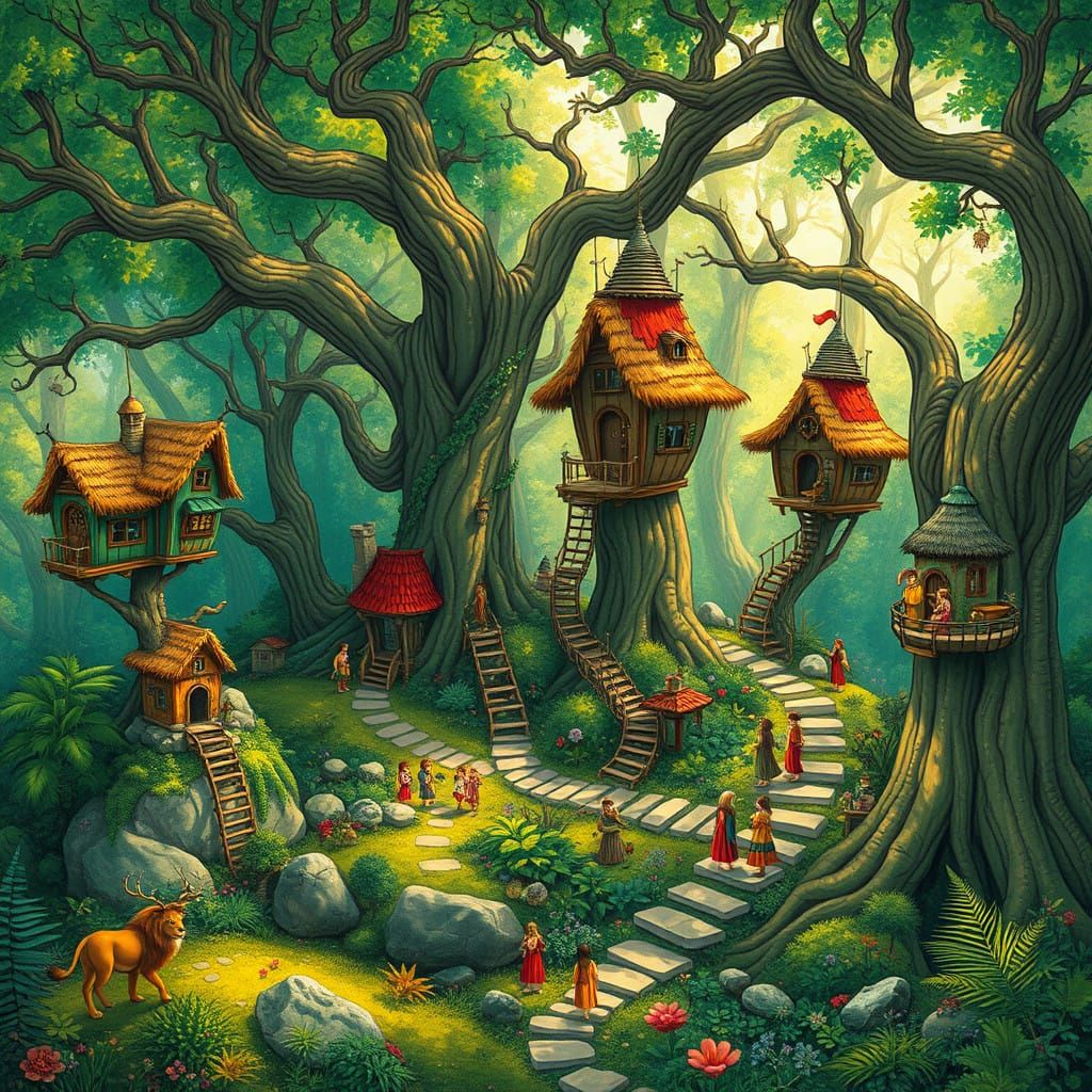Whimsical Village in Lush Forest Landscape