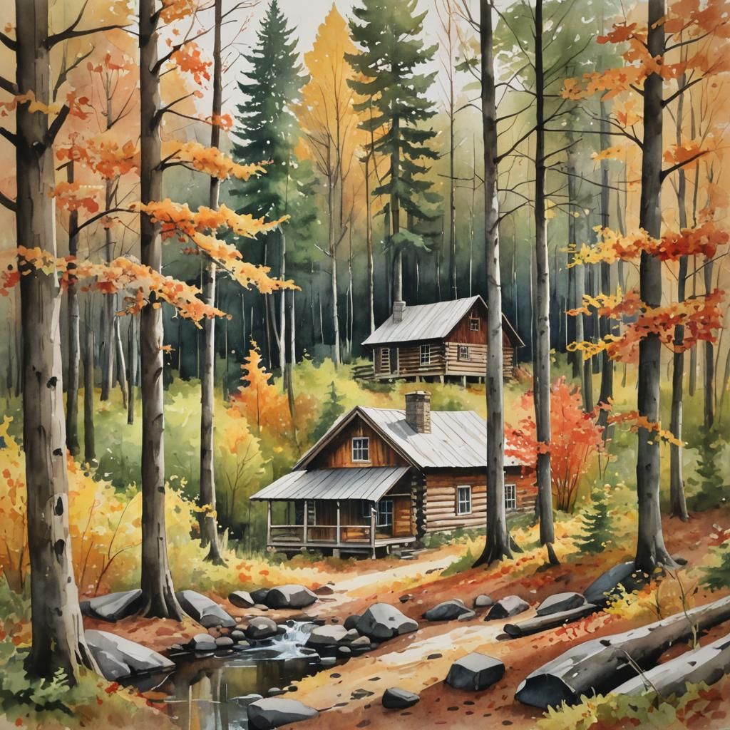 Cabin in Autumn Forest Watercolor Painting
