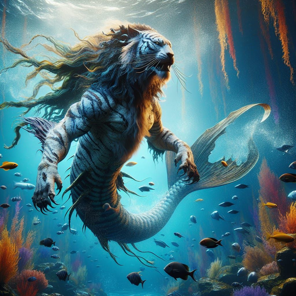 Fierce Mertiger Swimming in Underwater Forest