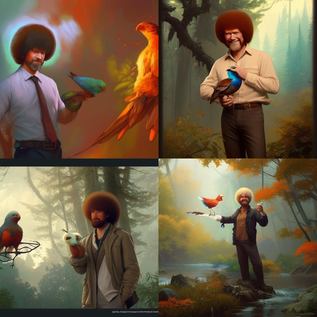 Bob Ross Holding a Bird: Hyperdetailed Concept Art