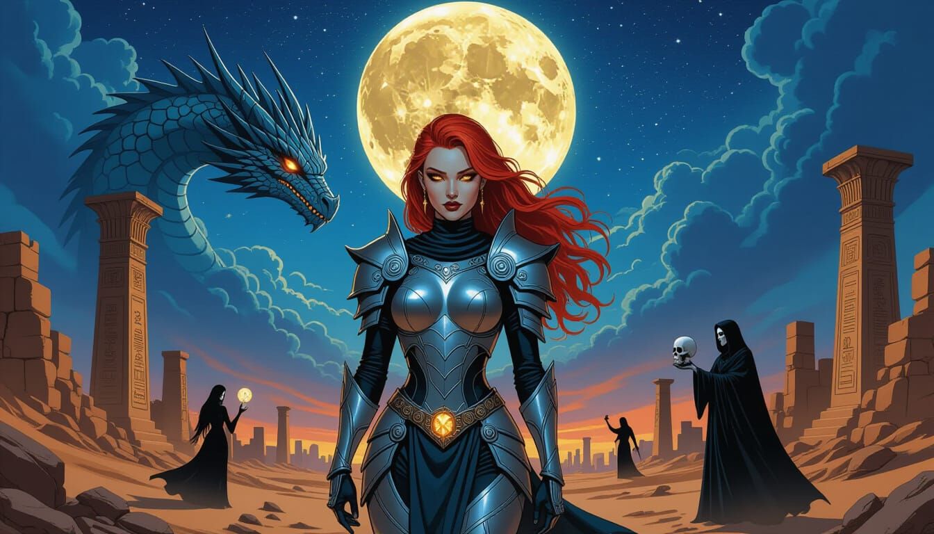 Alien Sorceress with Dragon in Comic Book Style