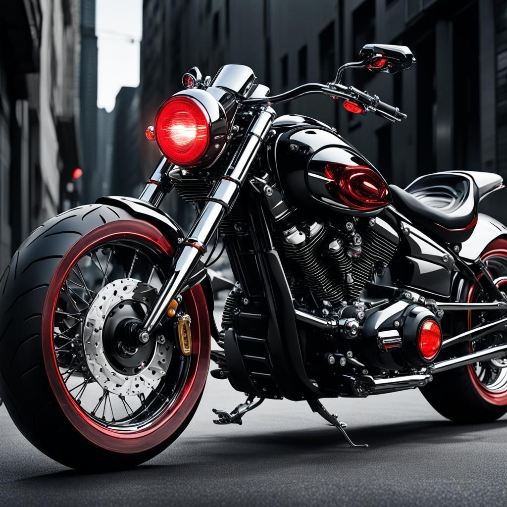 Monster Motorcycle with Red Headlight in Chrome and Black