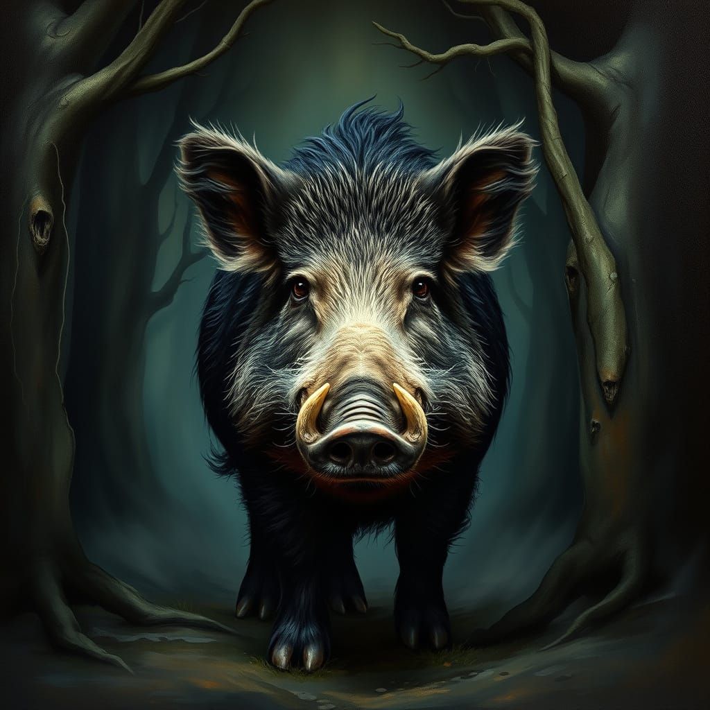 Wild Boar in Dark Fantasy Forest: Oil Painting