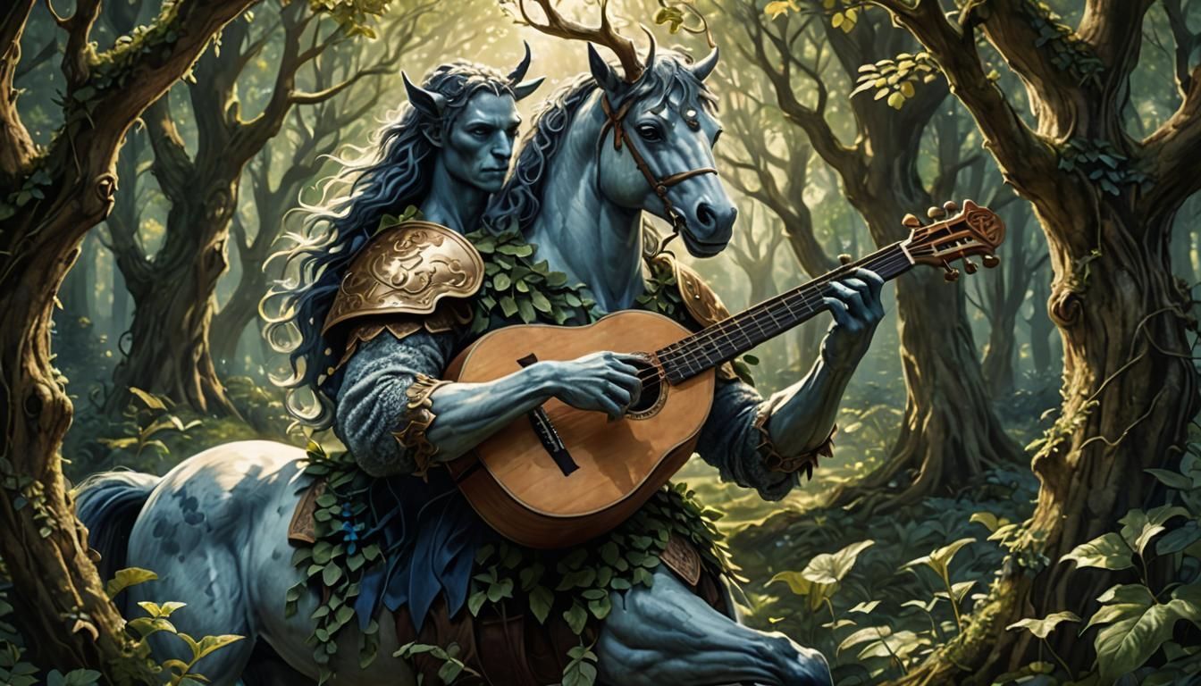 Centaur Lute Player in Magical Forest: Digital Art