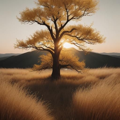 Dried Tree in Golden Summer Grassland