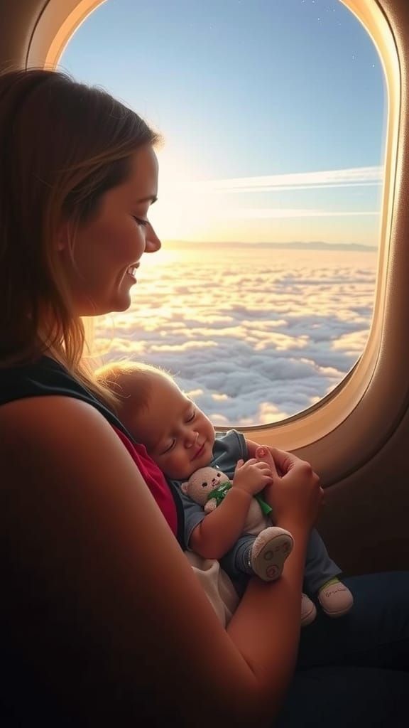 Mother and Baby Gaze Out at Southern Skies in Airplane Windo...